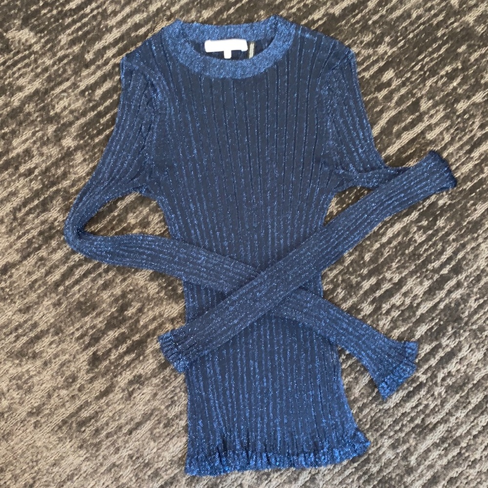 HELMUT LANG size xs, blue mesh glitter top, excellent condition, ruffle edge